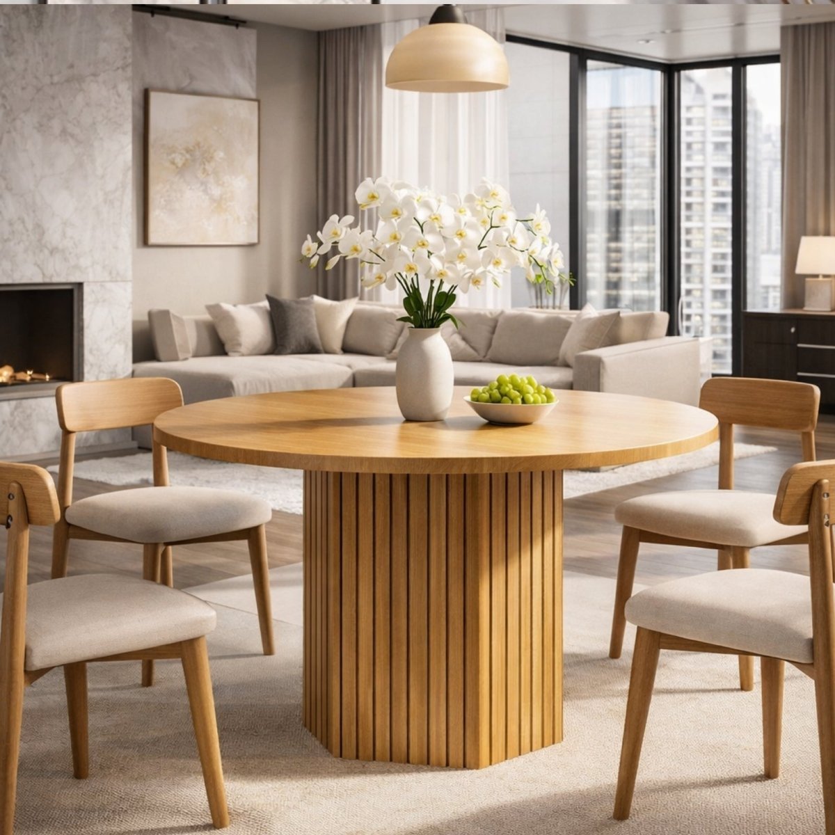 Close up of rustic walnut wood grain finish with chevron parquet design on round dining table surface showing 1.18 inch thickness.