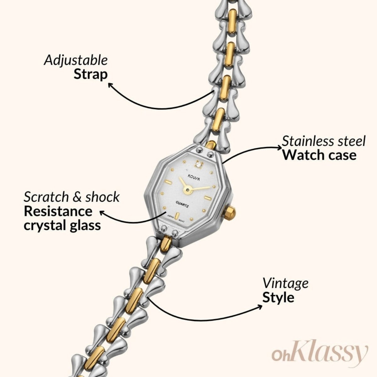 Watch with adjustable strap, stainless steel case, scratch & shock resistance crystal glass, and vintage style on a white background.