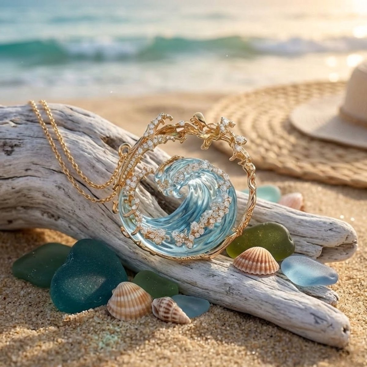 Close-up of the Kouvr Ocean Wave pendant on a piece of driftwood, surrounded by sea glass and shells on a sandy beach.