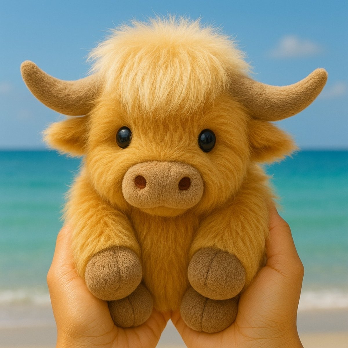 * A person's hands holding up a soft, golden-brown Kouvr Highland Cow weighted plush toy in front of a sunny tropical beach and blue ocean.