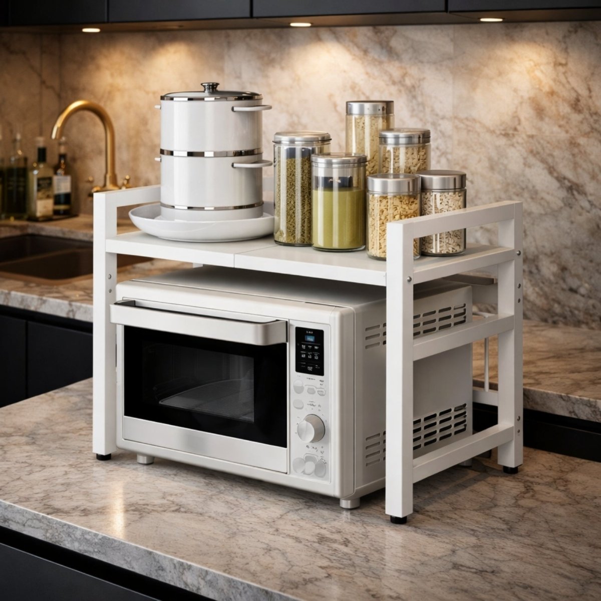 White Kouvr countertop organizer shelf positioned over a white microwave, holding pots and glass storage canisters in a modern kitchen.