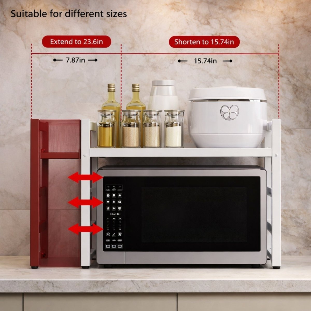 Diagram showing the expandable width function of the white Kouvr kitchen shelf, adjustable from 15.74in to 23.6in to fit over appliances.