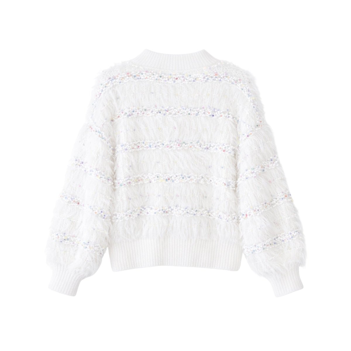 Back flat lay of the Kouvr fuzzy confetti knit cardigan, highlighting the sweater's construction and blouson sleeves.