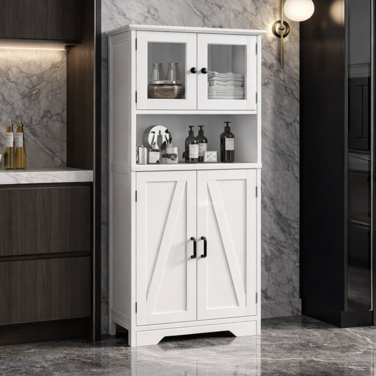 Front view of Kouvr white farmhouse pantry cabinet featuring glass upper doors, open microwave shelf, and X-pattern lower barn doors for kitchen storage.