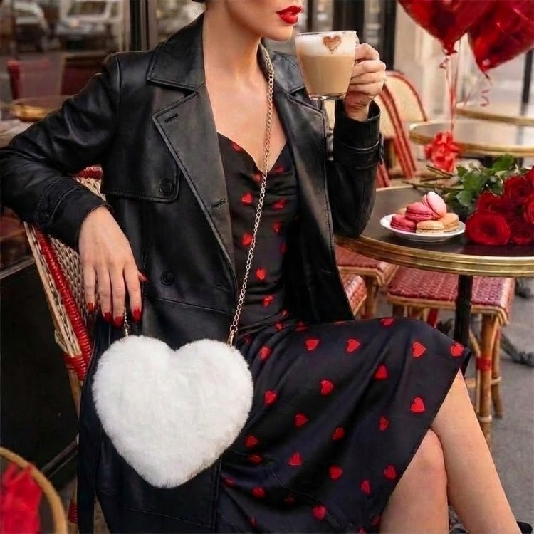 Close-up of a woman with red lipstick drinking a latte with heart-shaped art, showcasing the Kouvr white fluffy heart-shaped purse.