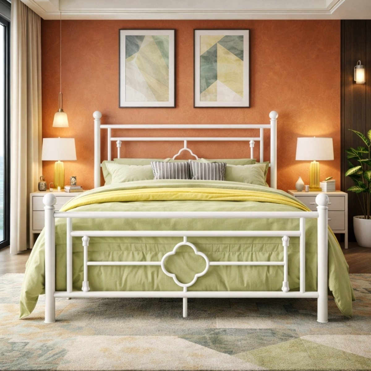 Queen size white vintage metal bed frame by Kouvr styled in a bright, modern bohemian bedroom with a terracotta accent wall and light green bedding.
