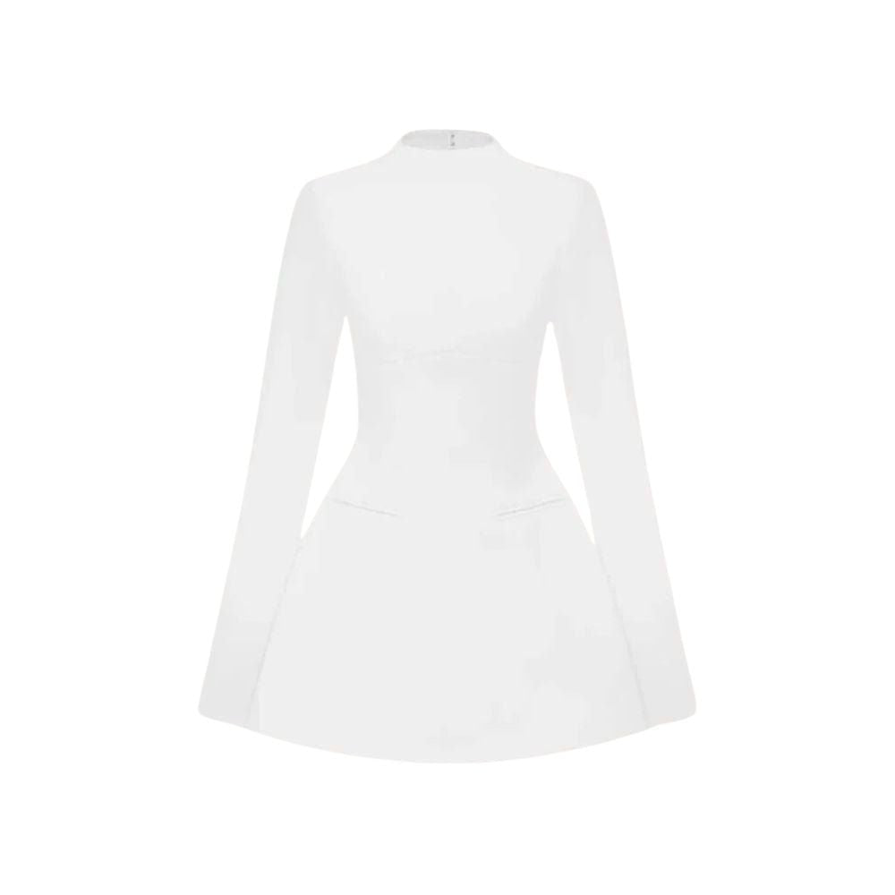 Model wearing Kouvr Fashion white long sleeve mock neck mini dress