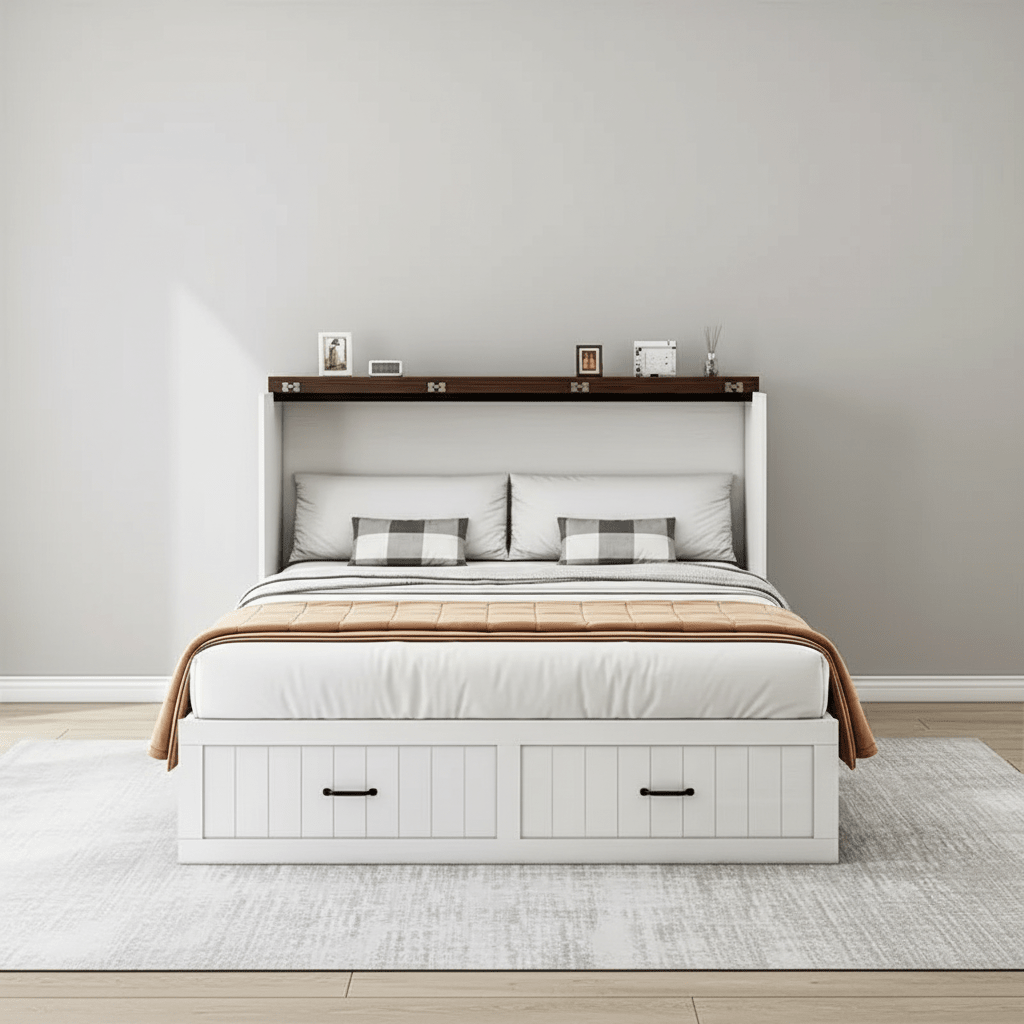 White queen size folding cabinet bed fully opened with warm bedding in a modern sunlit bedroom setting by Kouvr