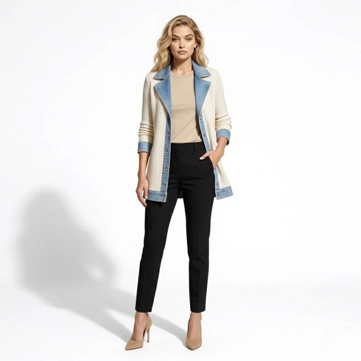 Women's white ribbed knit cardigan jacket with denim collar and trim by Kouvr, full length front view styled with black trousers