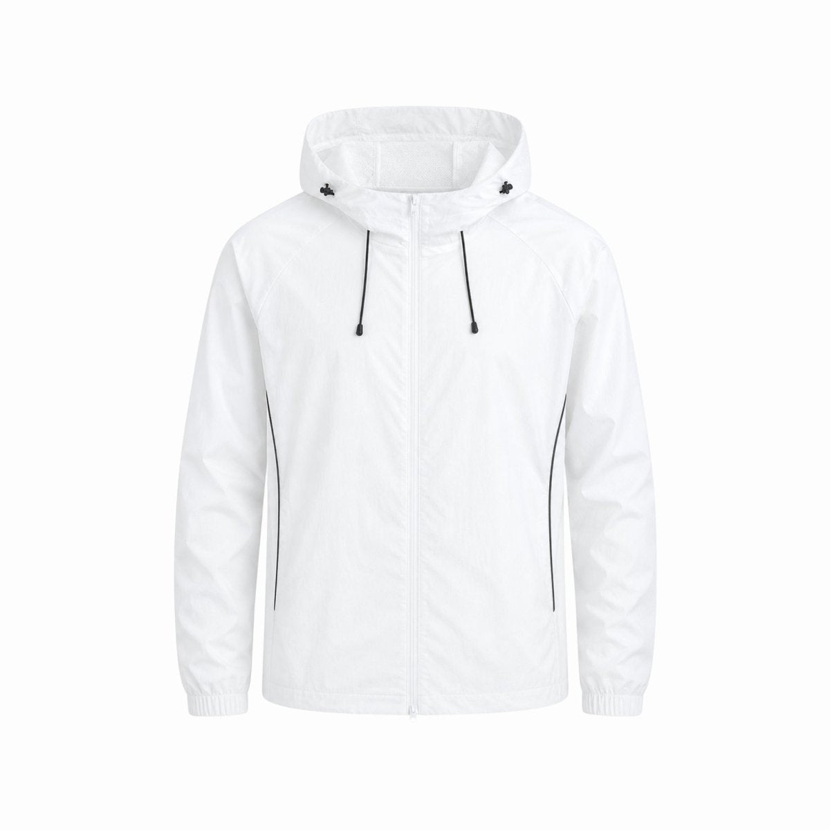 Flat lay of unisex white hooded zip up windbreaker jacket by Kouvr