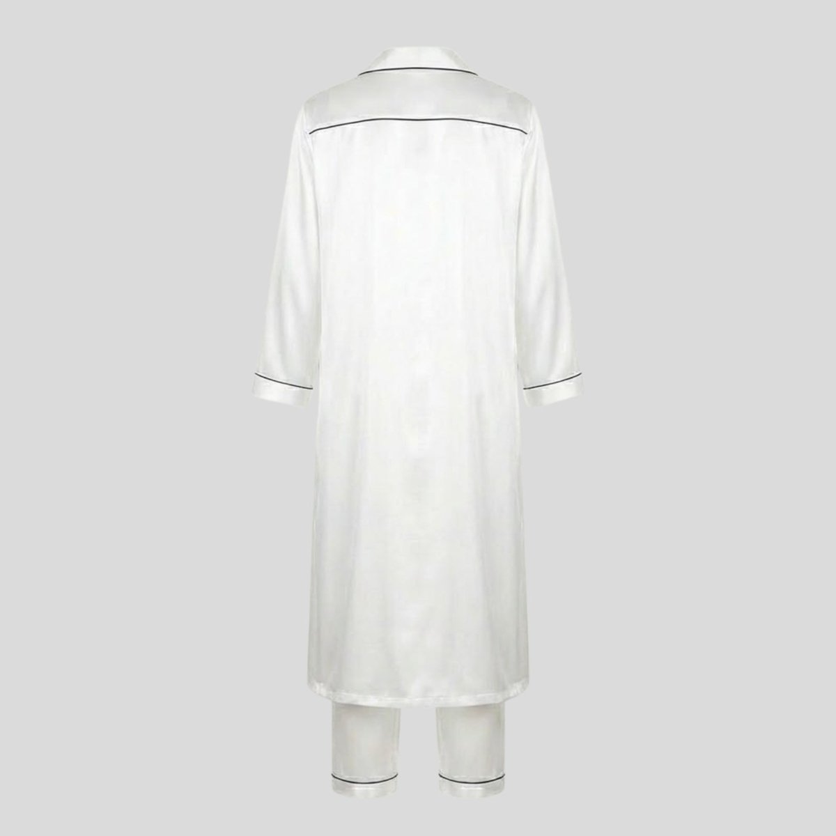 Back view flat lay of the Kouvr Wilson Set men's white silk robe and pajama pants.