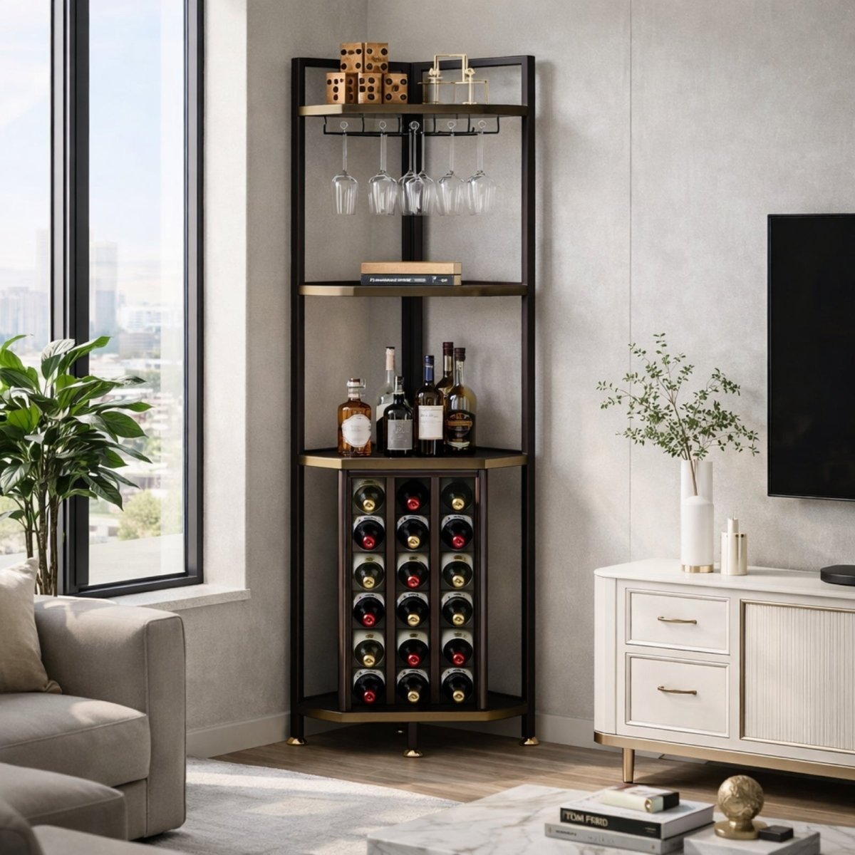 Close-up of the Kouvr corner wine rack shelf, showing the 18-bottle storage grid and hanging wine glass holder.