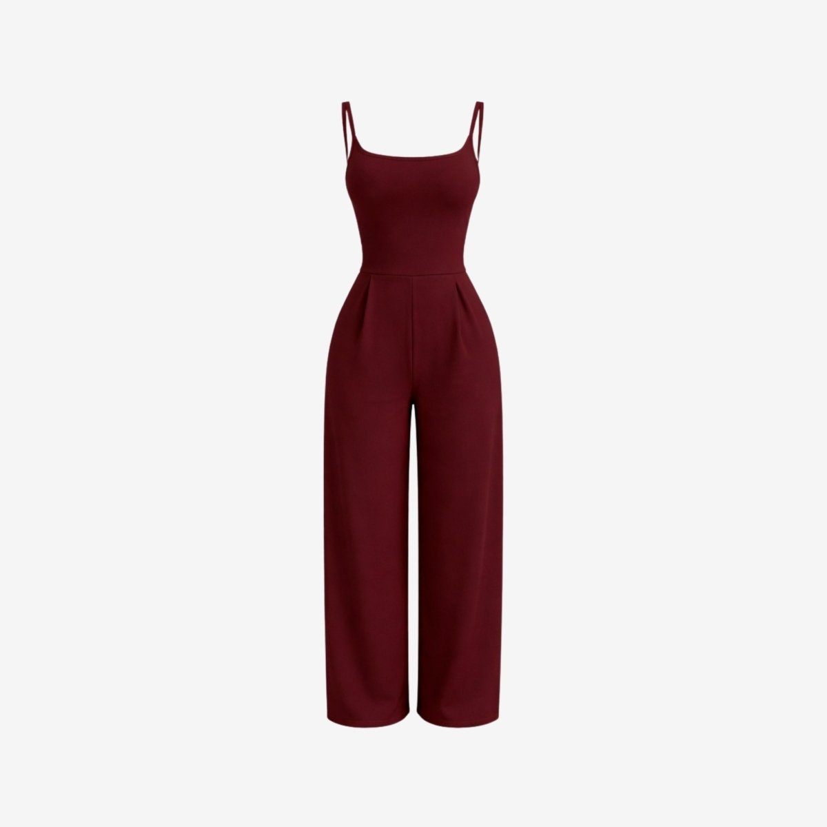 Front view flat lay of Kouvr wine red sleeveless wide leg jumpsuit highlighting the pleated waist detail.
