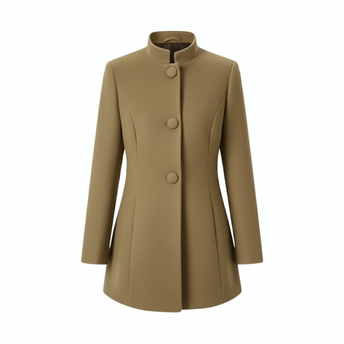 Product-only image of the Kouvr single-breasted stand collar coat in khaki against a white background.