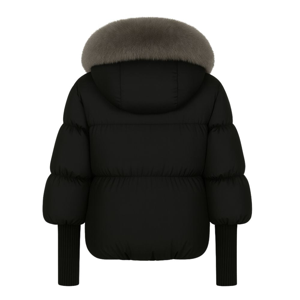Black kouvr puffer jacket with fur hood on a white background