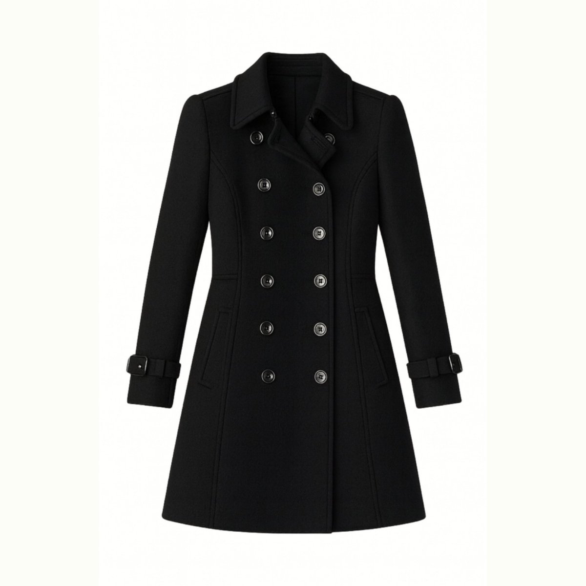 Black Kouvr coat with silver buttons on a white background
