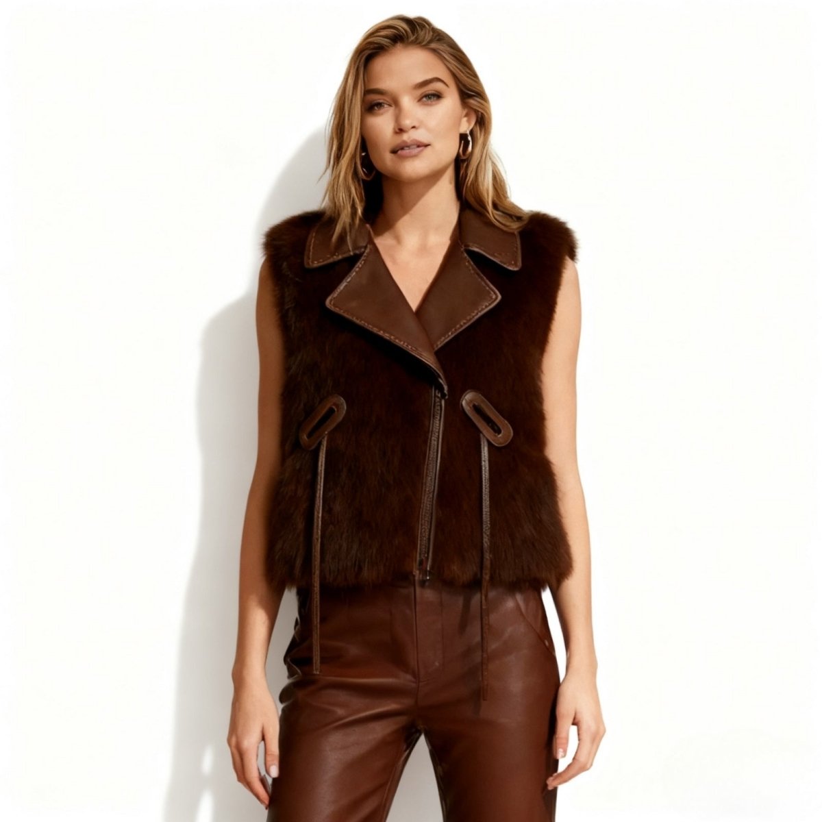 Woman wearing a Dark brown Kouvr leather vest on a white background