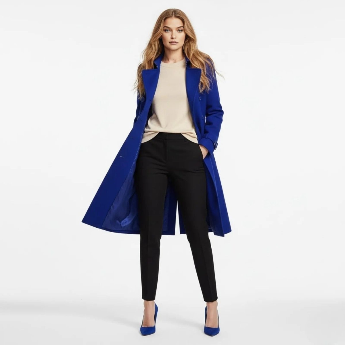 Model wearing the Kouvr Fashion blue wool trench coat, styled open over a cream top and black trousers.