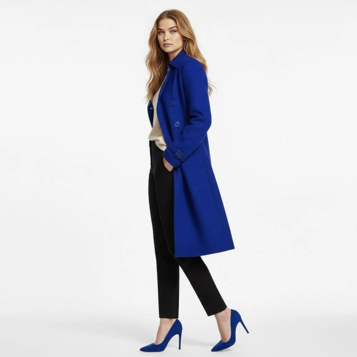 Side profile of a woman walking in a cobalt blue double-breasted trench coat with her hand in the pocket.