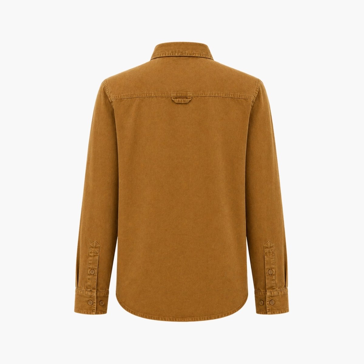 Ghost mannequin flat lay back view of the Kouvr brown corduroy shirt displaying the back yoke and locker loop detail