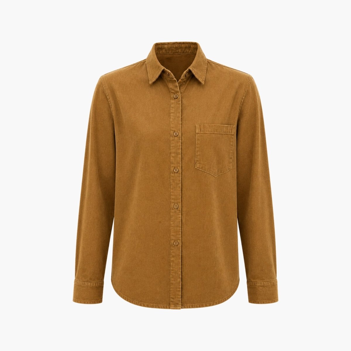 Ghost mannequin flat lay front view of the Kouvr brown corduroy collared shirt highlighting the chest pocket