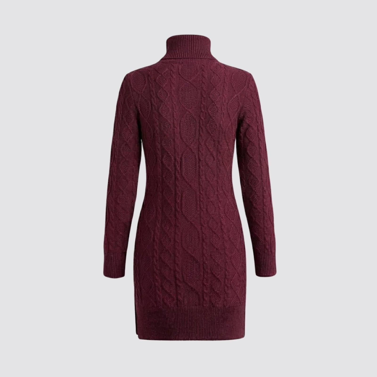 Product-only image of the back of the Kouvr cable-knit sweater dress in burgundy, showing the full length and sleeve details.