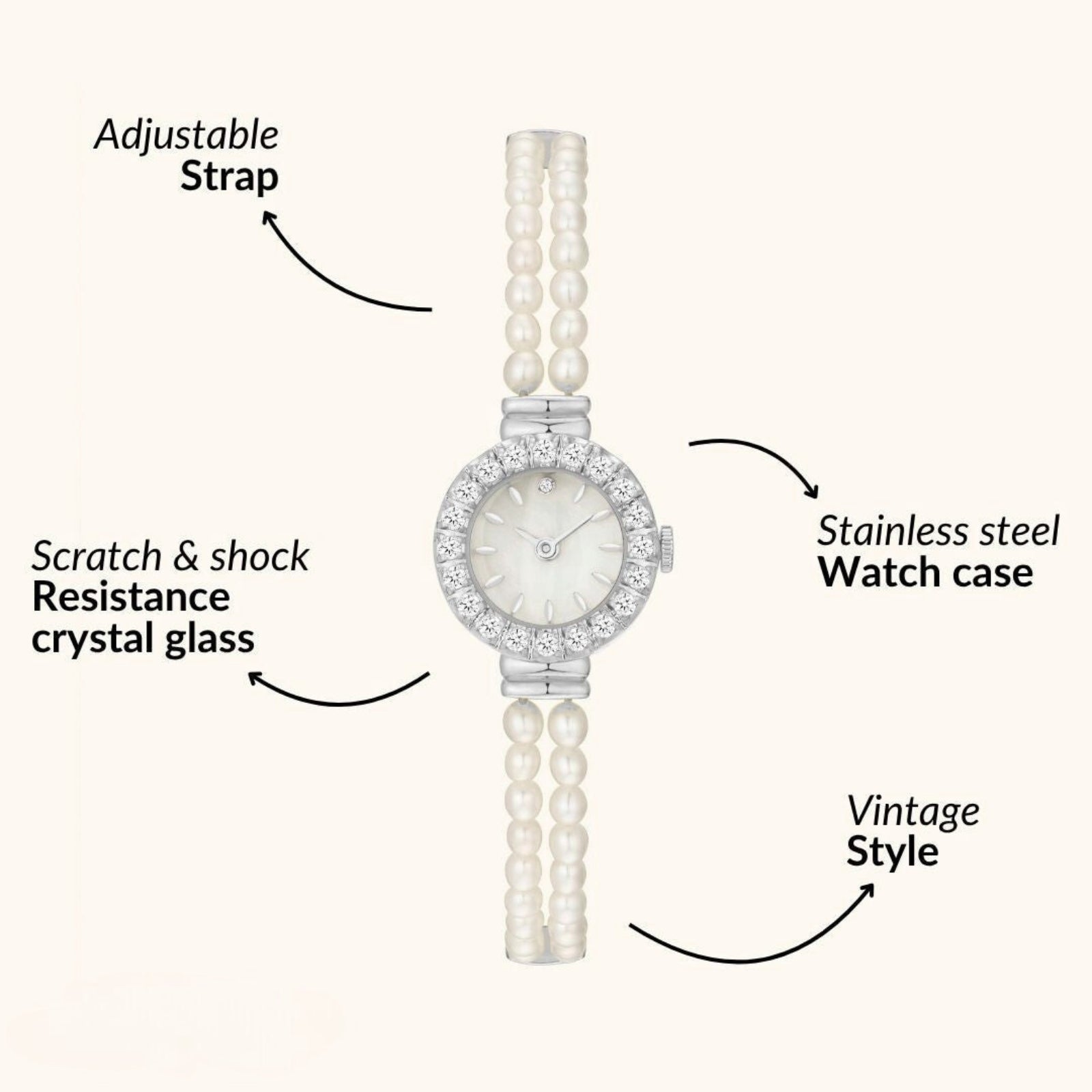 Kouvr watch with pearl strap and crystal glass on a white background