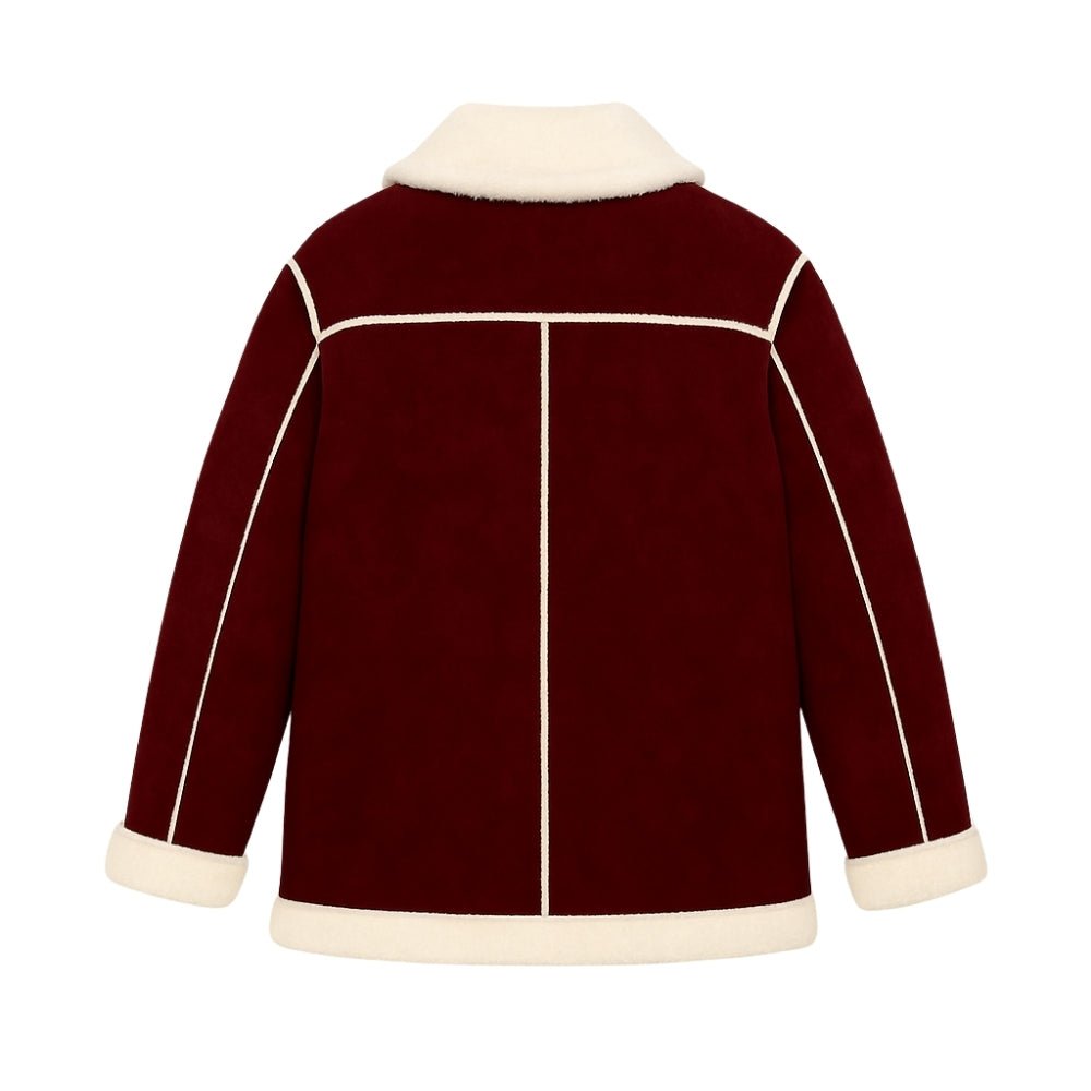 Burgundy Kouvr coat with white trim on a white background