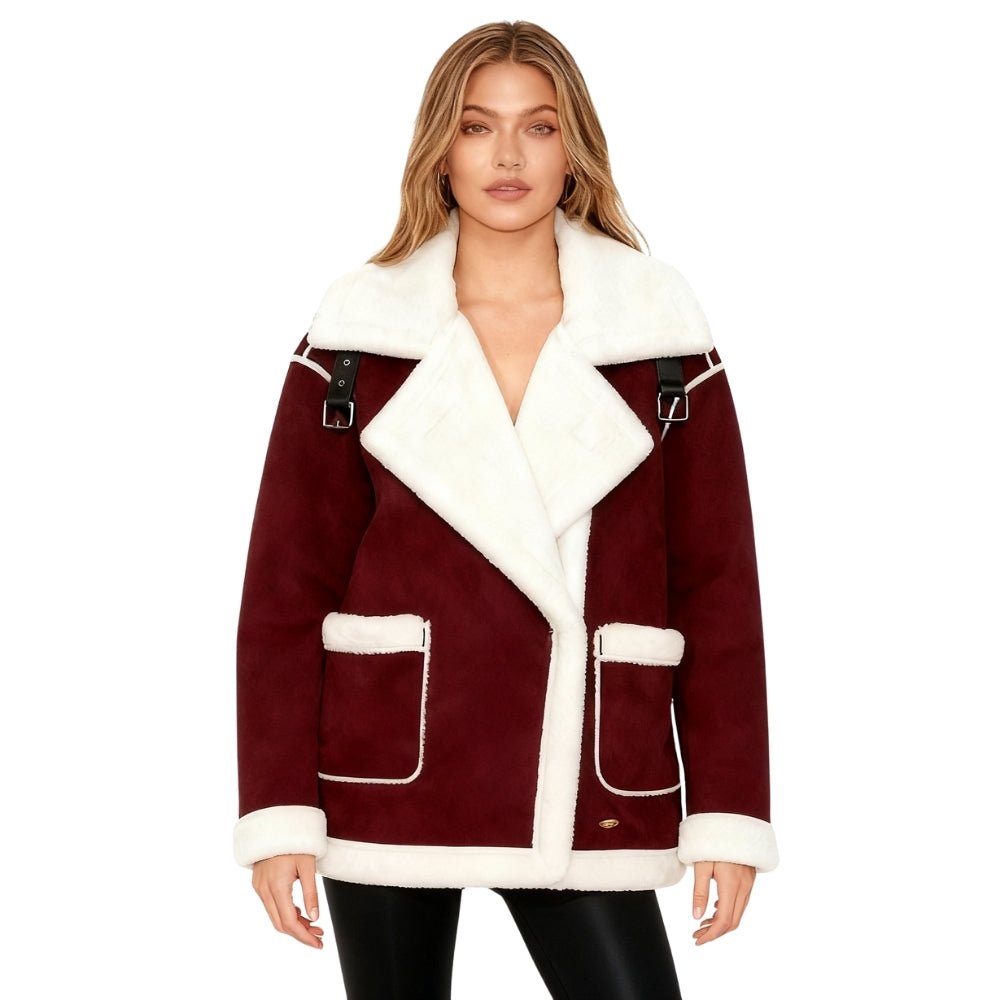 Women's Burgundy Shearling Aviator Jacket Faux Suede Sherpa Lined