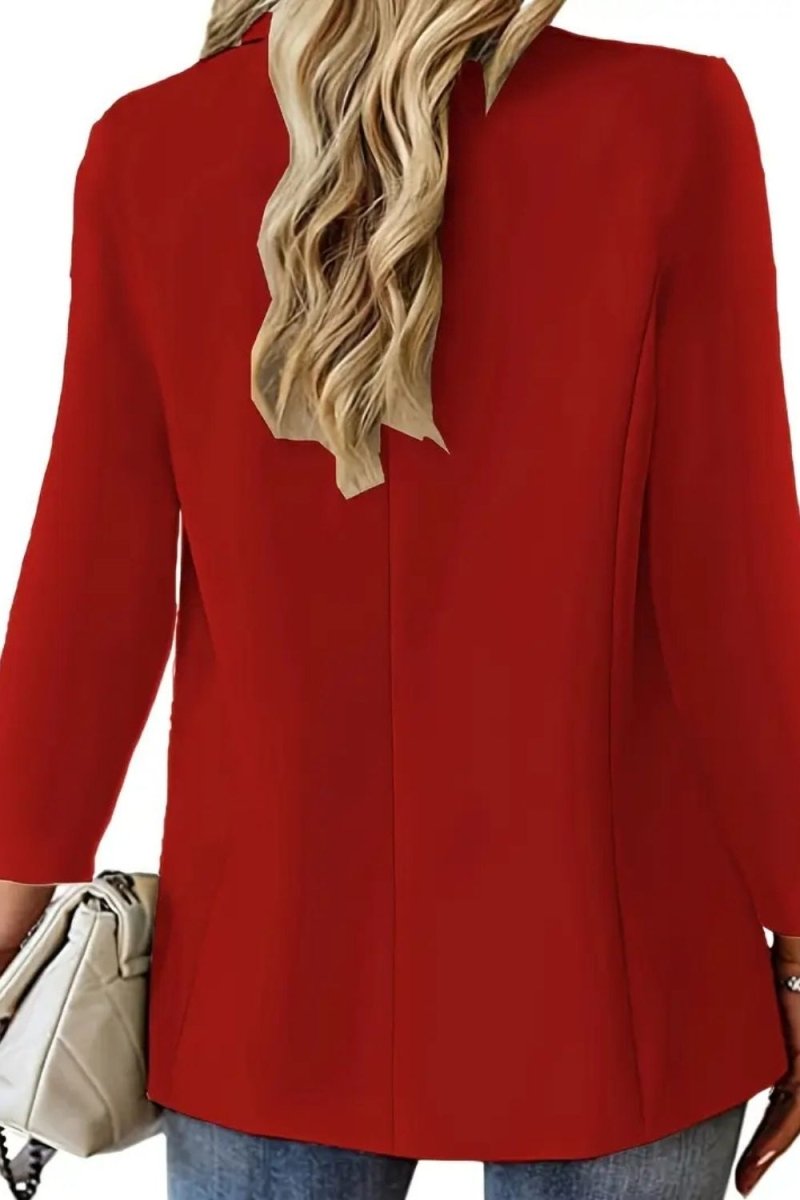 business casual outfit," "tailored fit jacket," "notched lapel blazer," "how to style a red blazer," and "statement jacket for women