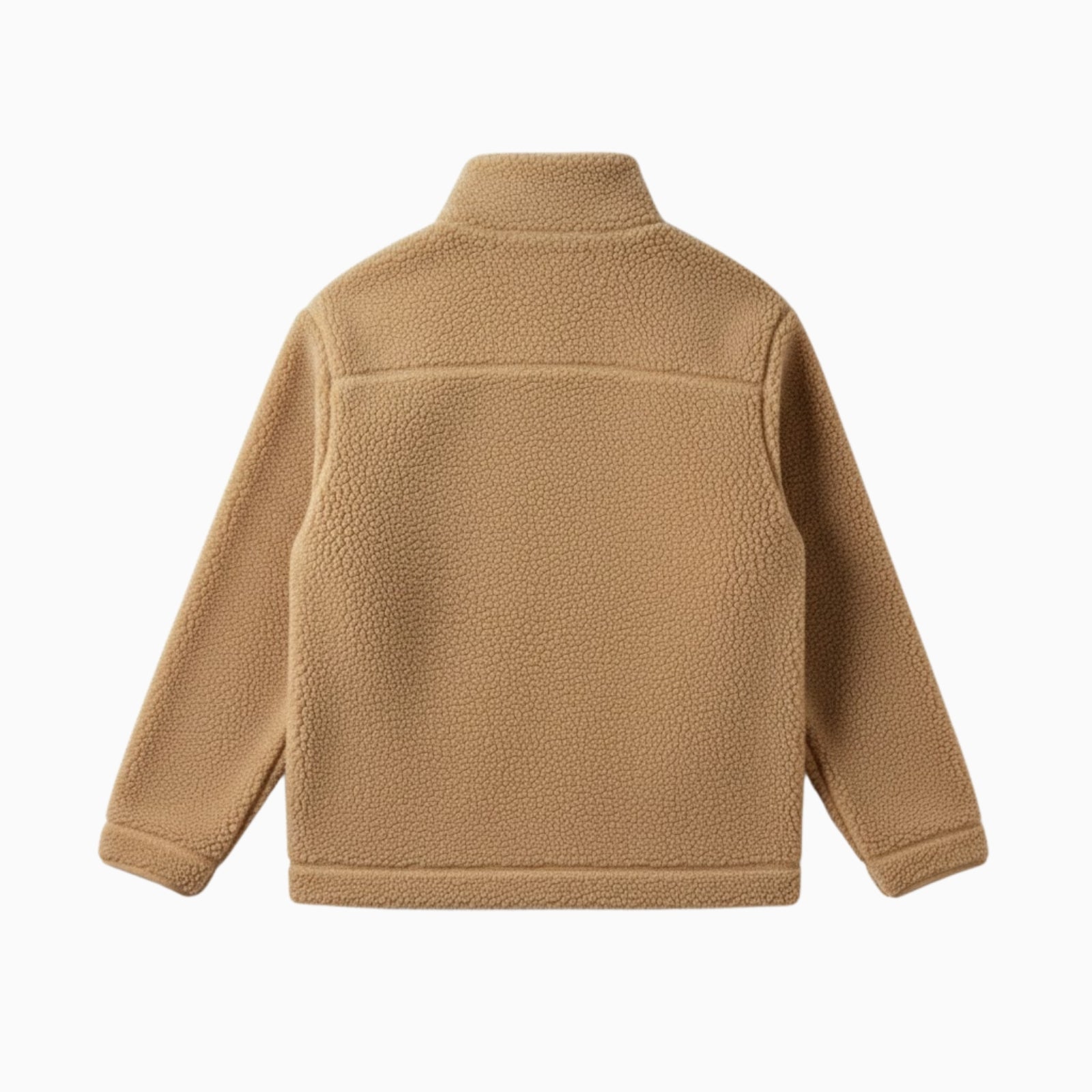 Flat lay studio shot of the back of the light brown Kouvr Julie fleece jacket, displaying the clean construction and back yoke detail.