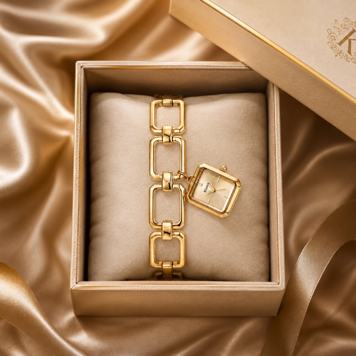 Kouvr women's gold chain link bracelet watch with square dial resting on a plush cushion inside a luxury gold presentation box surrounded by silk.