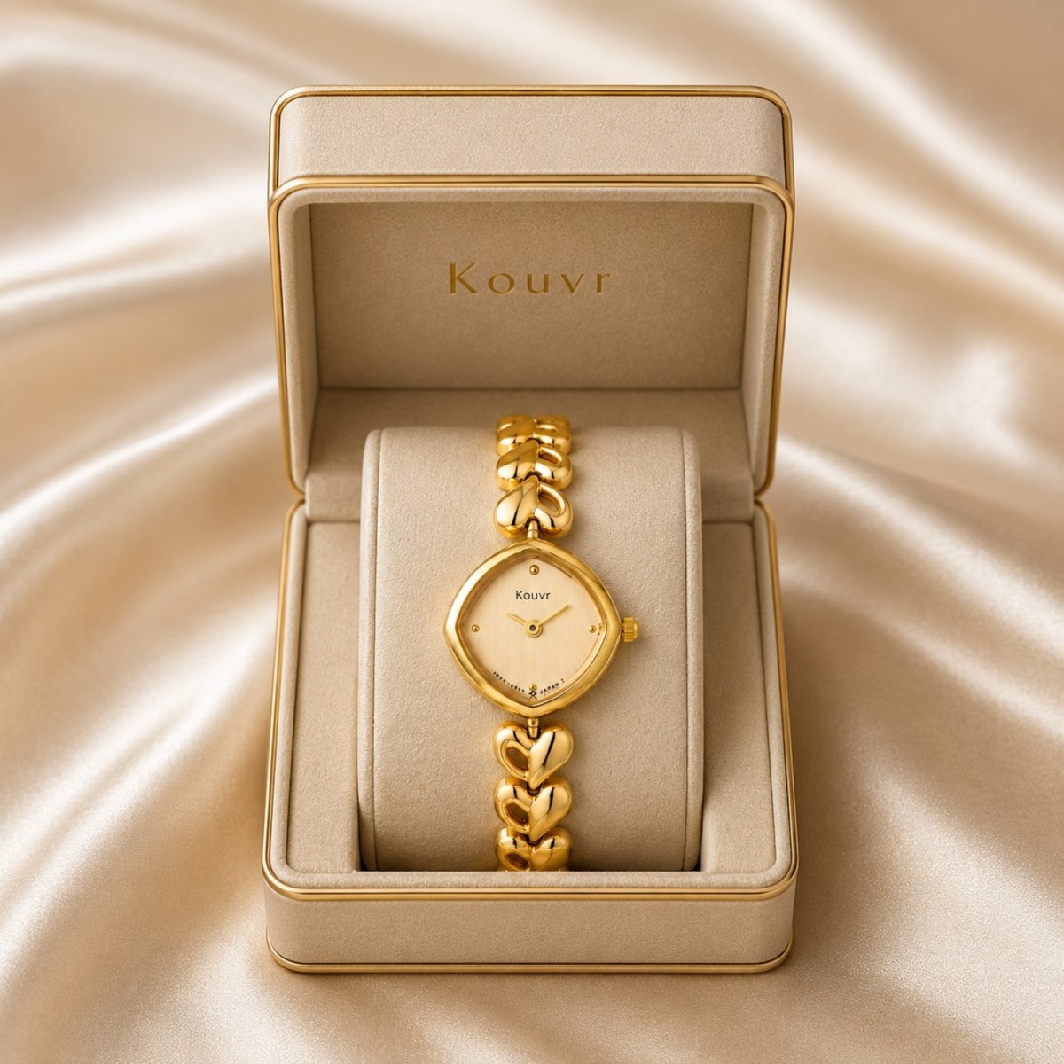 Top view of the luxury Kouvr women's vintage style gold watch with heart link bracelet displayed elegantly inside a premium beige presentation box.