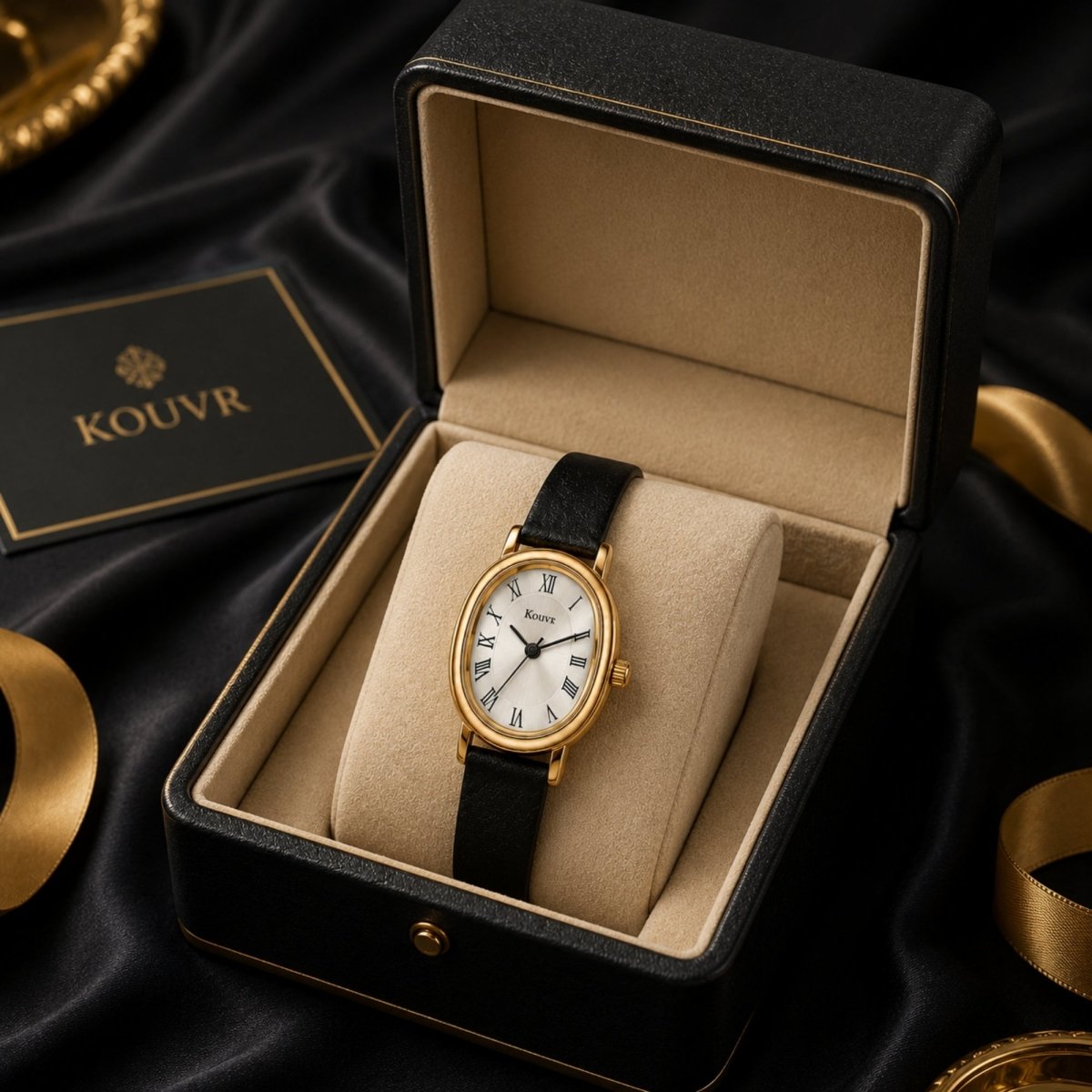 Kouvr women's vintage gold oval watch with black leather strap displayed on velvet pillow inside luxury black presentation box