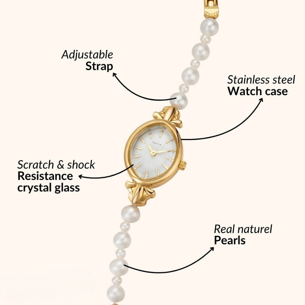 Gold Kouvr watch with pearl strap labeled for features on a white background