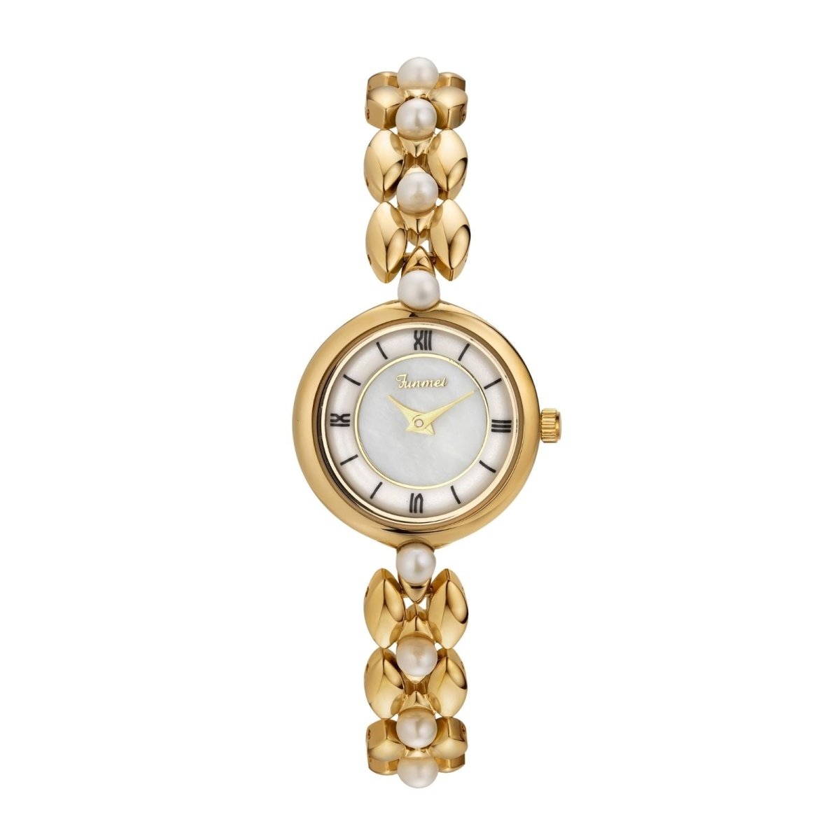 Front view of the Kouvr Euna ladies watch with a mother-of-pearl dial and gold and pearl bracelet.