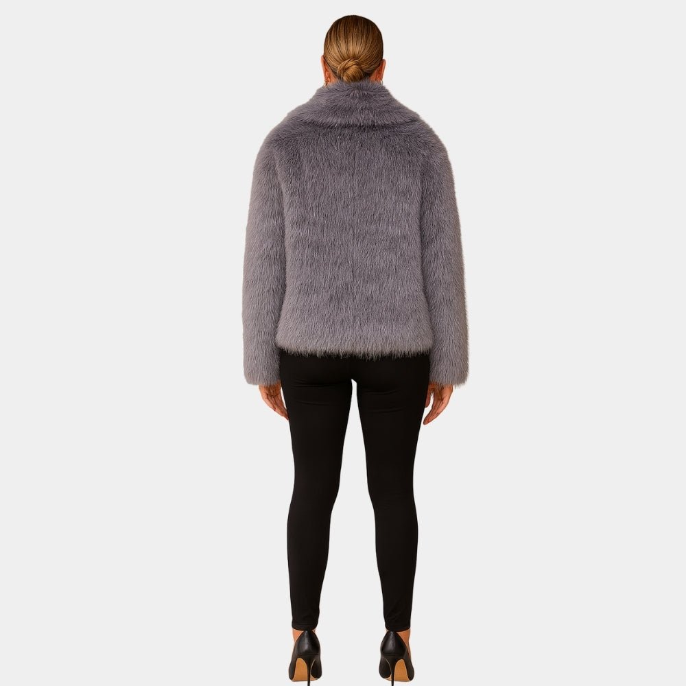 plush evening jacket", "vegan fur", "cruelty-free outerwear", "statement coat", "short fur jacket", and "glamorous winter style