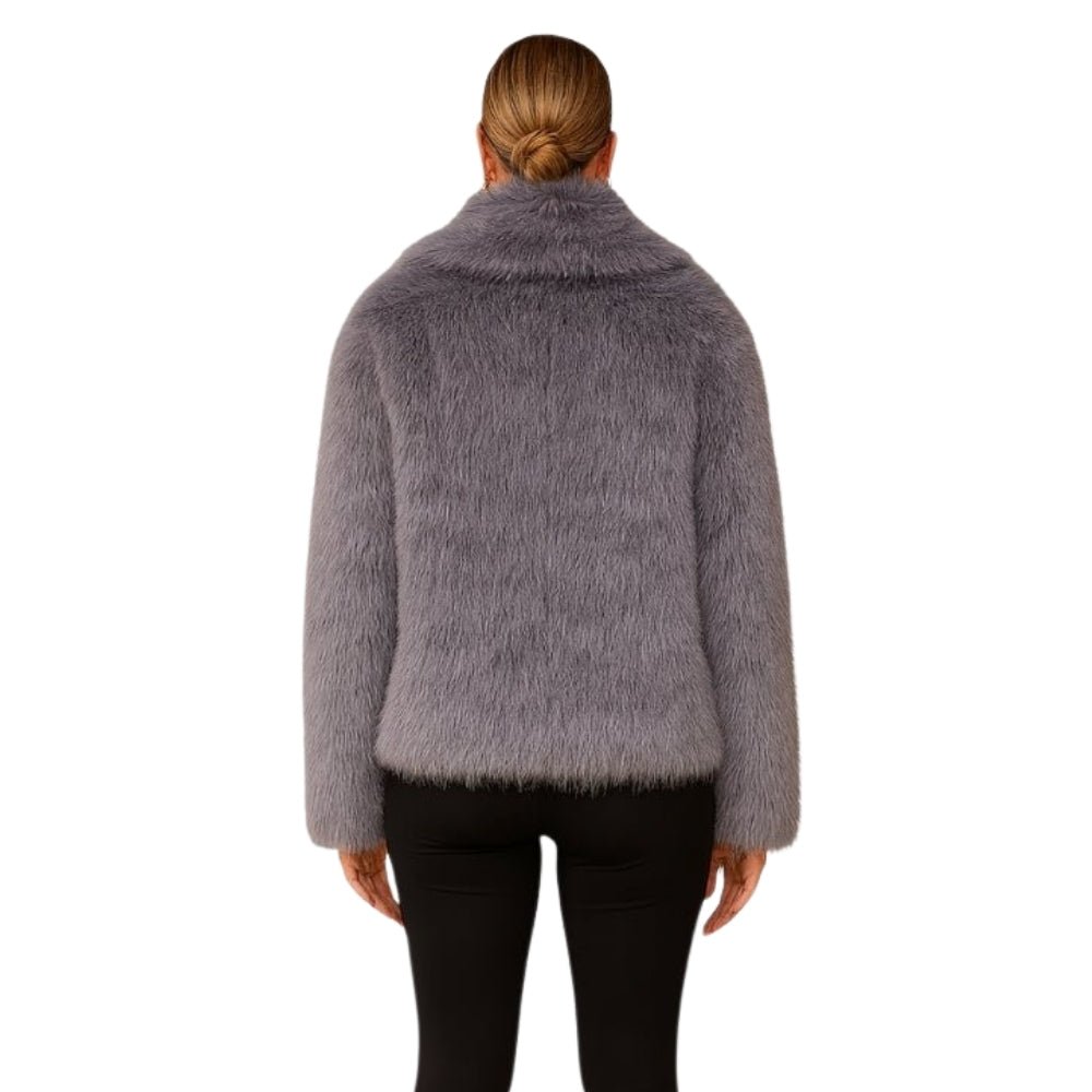 plush evening jacket", "vegan fur", "cruelty-free outerwear", "statement coat", "short fur jacket", and "glamorous winter style