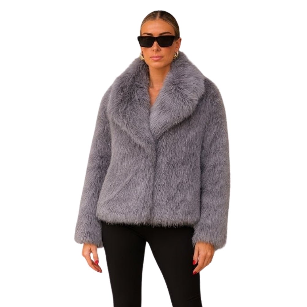 plush evening jacket", "vegan fur", "cruelty-free outerwear", "statement coat", "short fur jacket", and "glamorous winter style