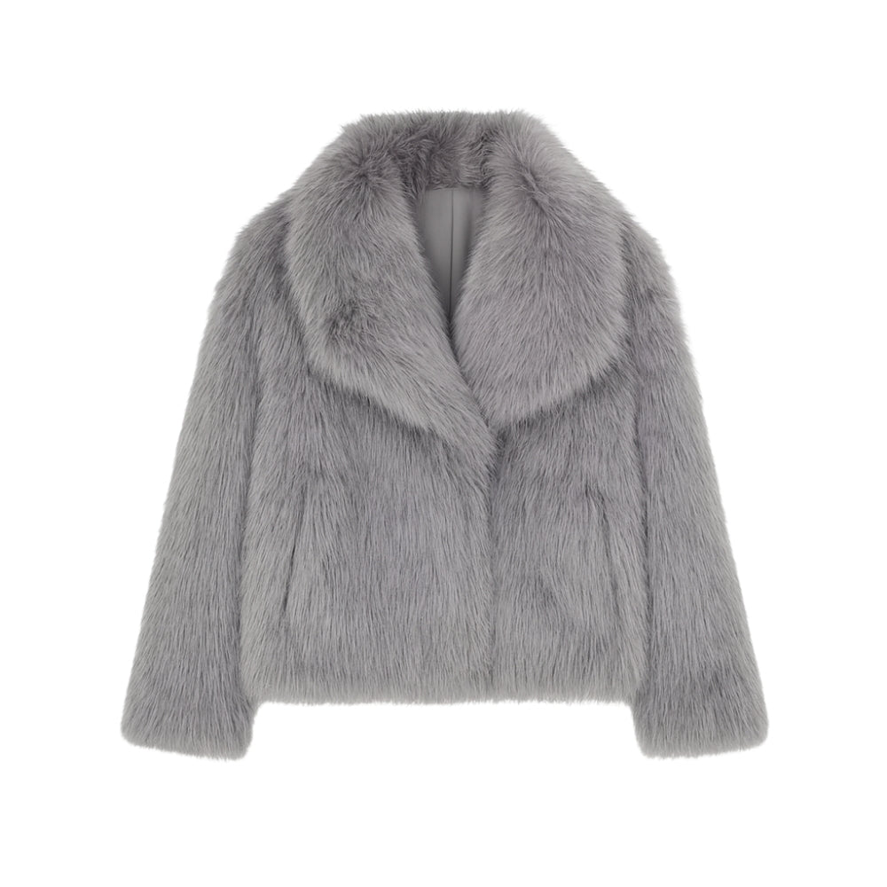 plush evening jacket", "vegan fur", "cruelty-free outerwear", "statement coat", "short fur jacket", and "glamorous winter style
