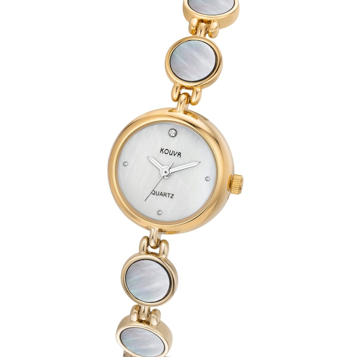 Side angle of the Kouvr Pearl Faelan women's gold-tone and mother of pearl bracelet watch.