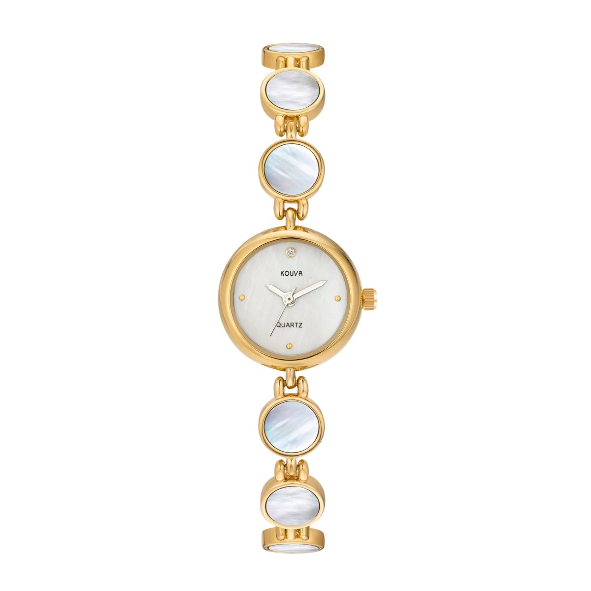 Front view of the Kouvr Pearl Faelan women's gold-tone and mother of pearl bracelet watch.