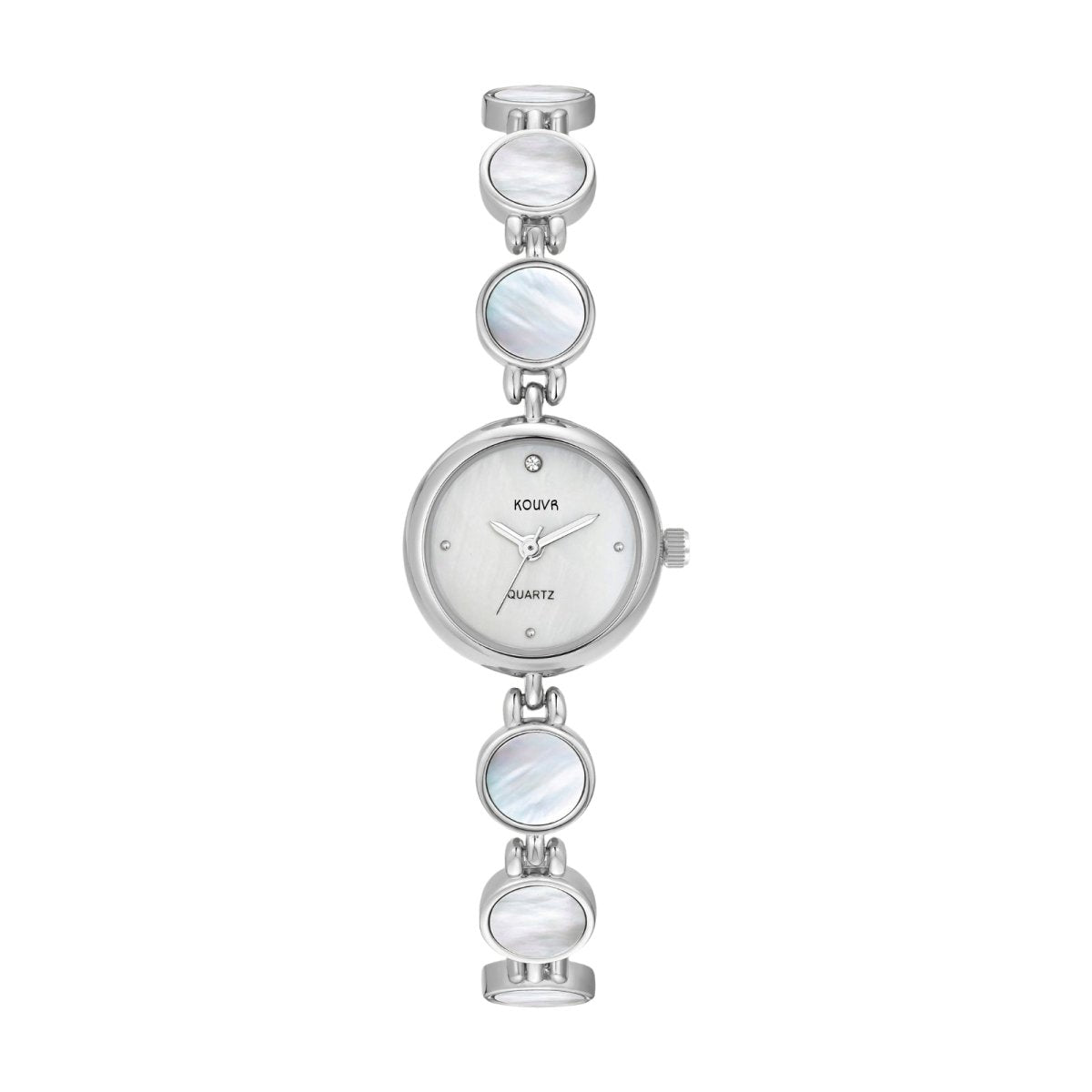 Front view of the Kouvr Pearl Silver Faelan women's gold-tone and mother of pearl bracelet watch.