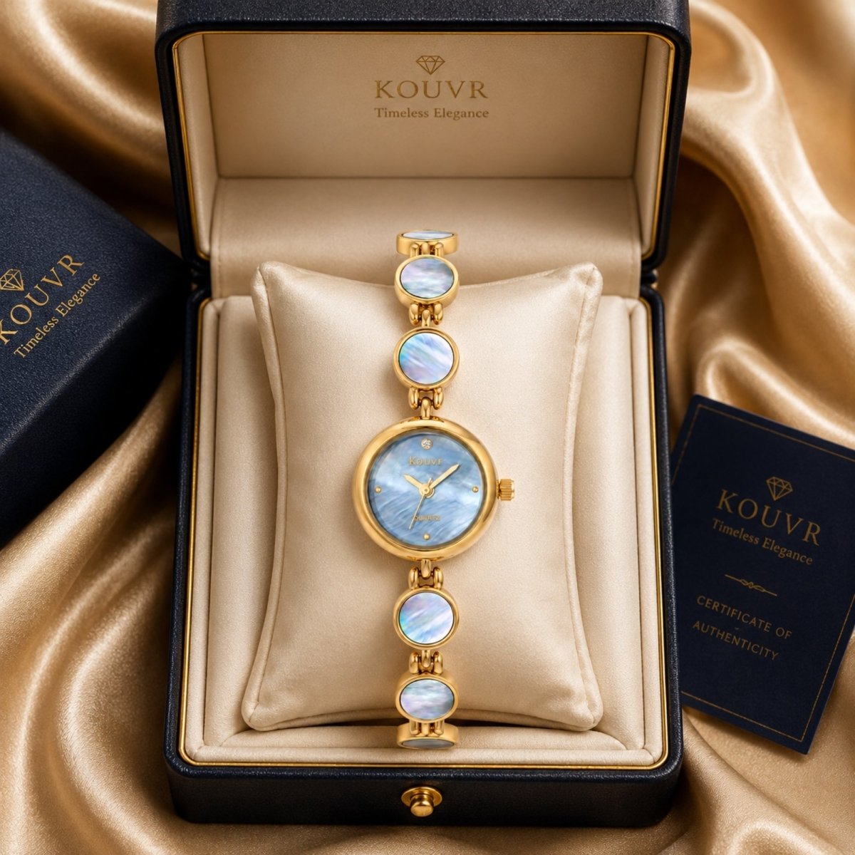 Kouvr women's luxury watch in gold with blue mother of pearl dial resting perfectly inside a premium leather presentation box with Certificate of Authenticity.