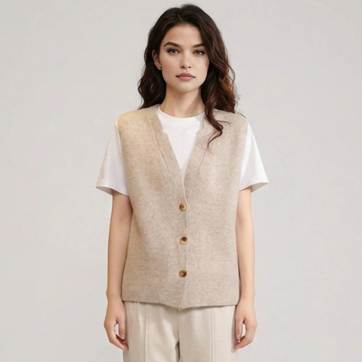 Front view of Kouvr women's oatmeal beige wool knit button-up sweater vest worn over a white t-shirt by a brunette model.