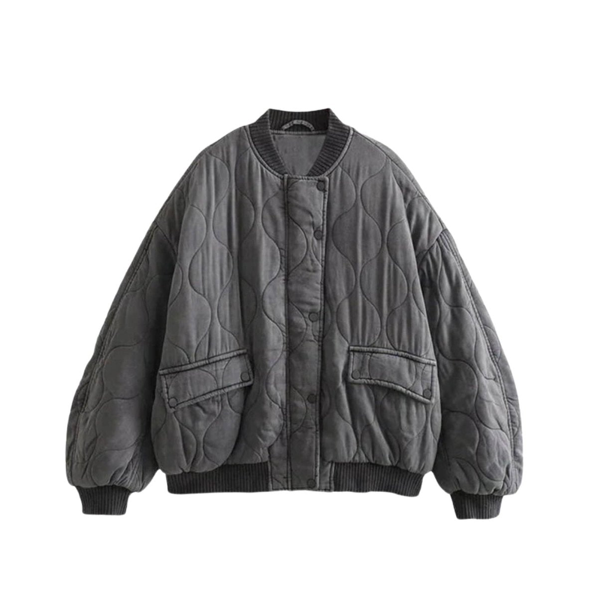 Quilted gray kouvr jacket on a white background