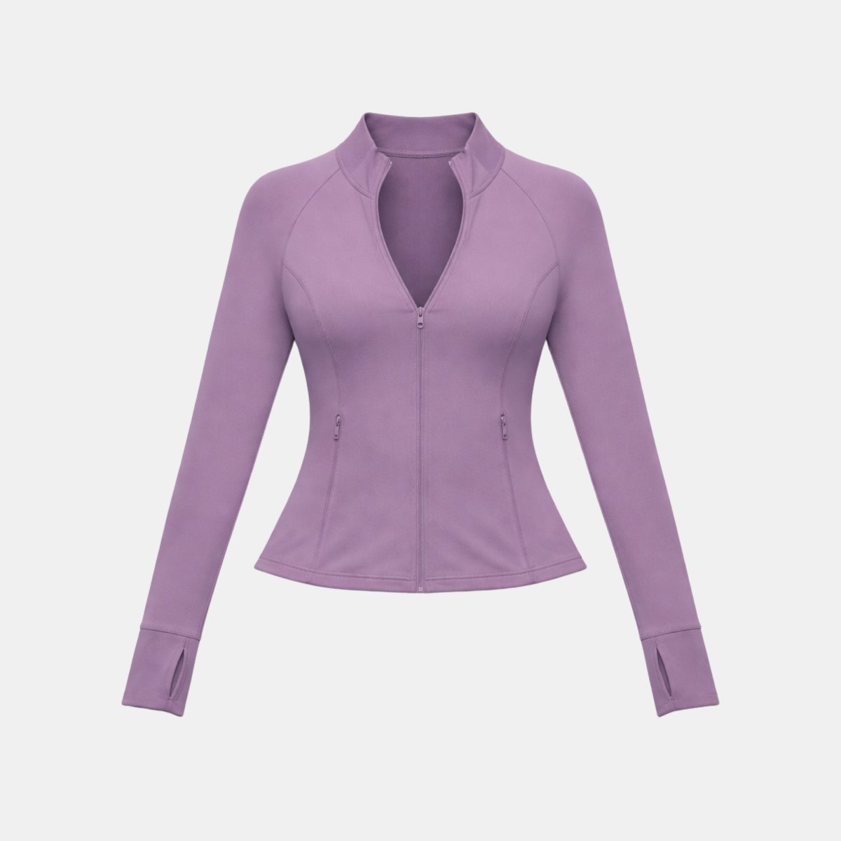 Flat lay front view of Kouvr purple athletic zip-up jacket highlighting front zipper and sleeve thumbholes