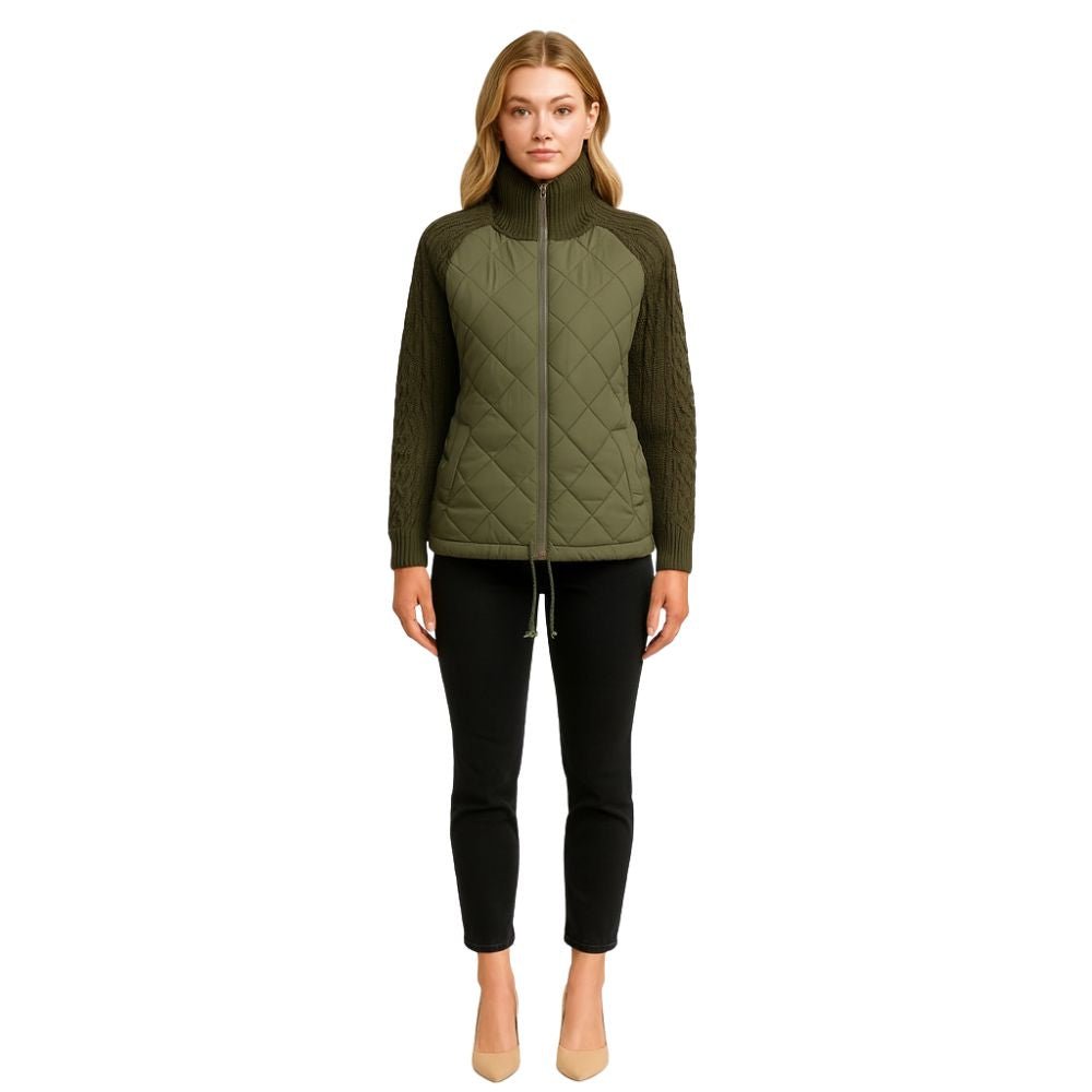 Woman wearing the Kouvr Army Green Quilted Hybrid Jacket with Merino Wool Knit Sleeves