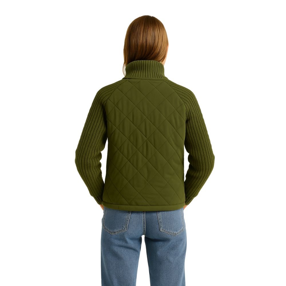 Woman wearing the Kouvr Army Green Quilted Hybrid Jacket with Merino Wool Knit Sleeves