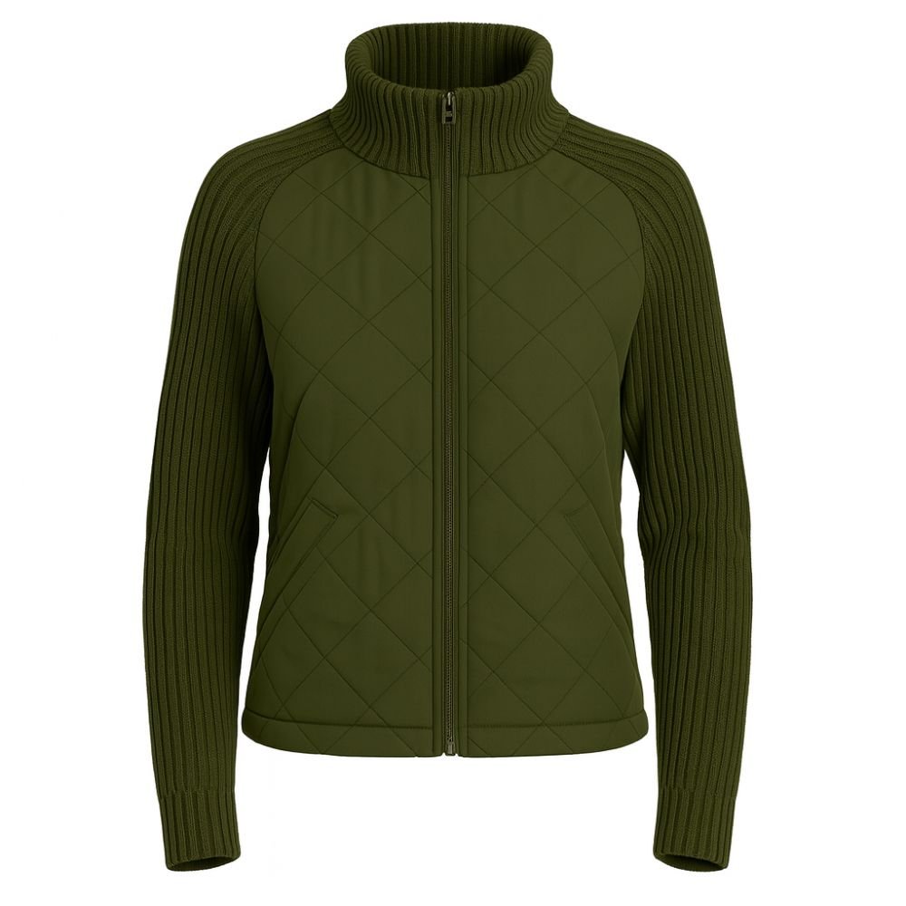 Woman wearing the Kouvr Army Green Quilted Hybrid Jacket with Merino Wool Knit Sleeves
